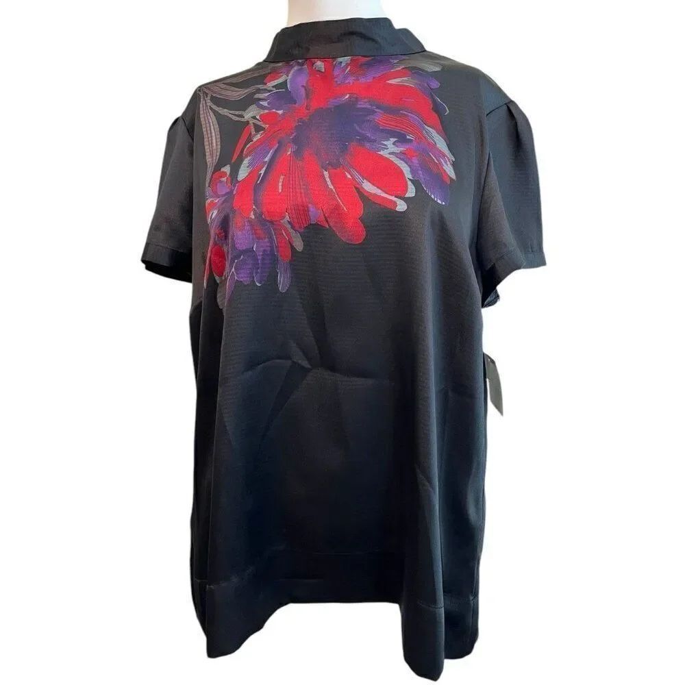 Apostrophe XL Blouse Black Bright Red Floral Japanese Satin High Neck Top NWT
